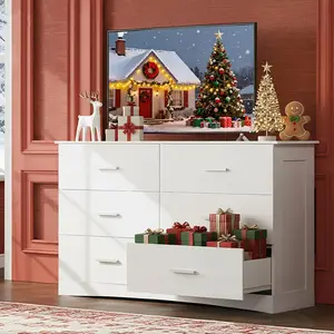 WLIVE Dresser with 6 Drawers, Wide Wooden Chest of Double Drawers for Bedroom, Large Storage Tower Unit, Modern Minimalist Closet Store Organizer for Living Room