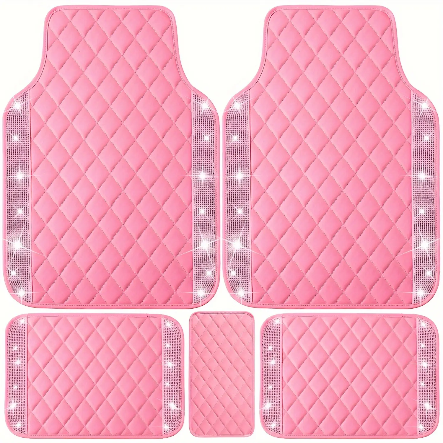 NBTEPEM 5-Pcs Bling PU Leather Car Mats, Anti-Slip Waterproof Car Interior Accessories with Shining Artificial Diamonds, Cute Universal Fit for SUV Sedan Van, Cute Car Accessories