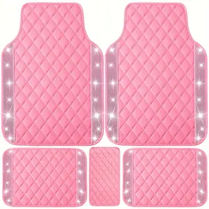 NBTEPEM 5 Pcs Bling PU Leather Car Mats Shining Artificial Diamond Floor Mats Crystal Rhinestone Sparkly Glitter Carpet Anti-Slip Waterproof Pad Universal Fit For Automotive SUV Sedan Van Girl Women