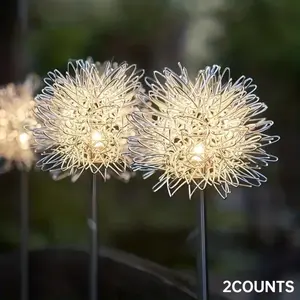 2 Solar Dandelion Aluminum Wire Ball Garden Lights, Waterproof Outdoor LED Landscape Lights for Pathways, Flower Beds, Lawn Decor