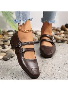 Women's Leather Shoes, Elegant Low-Heel Pumps   Double Strap Design, Ballet Style   Fashionable, Elegant and Versatile Flat Shoes
