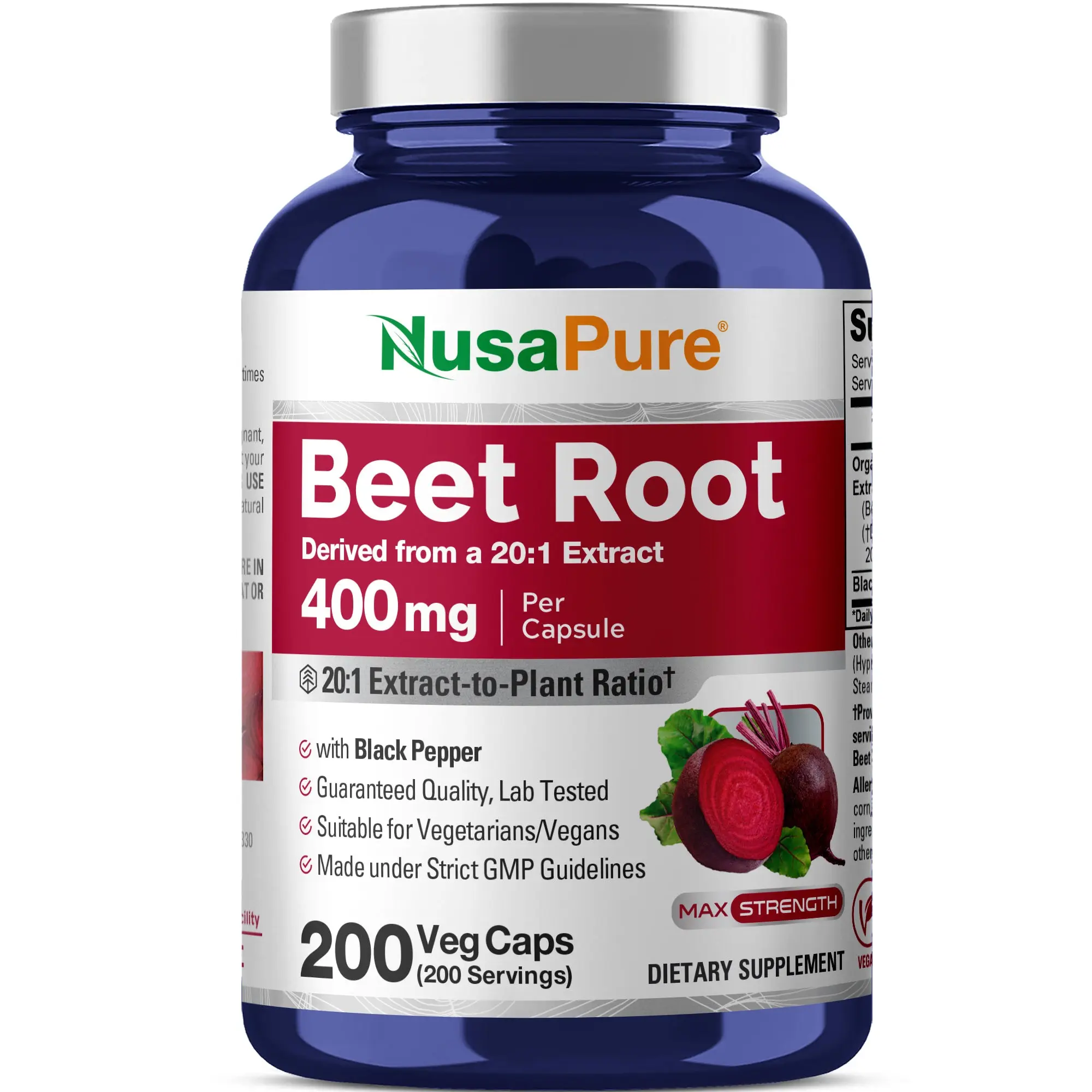 NusaPure Natural Organic Beetroot Dietary Capsules - 20:1 Extract 400mg, Black Pepper 4:1 Extract 10mg, 200 Vegan Supplements, Blood Flow & Fitness Support