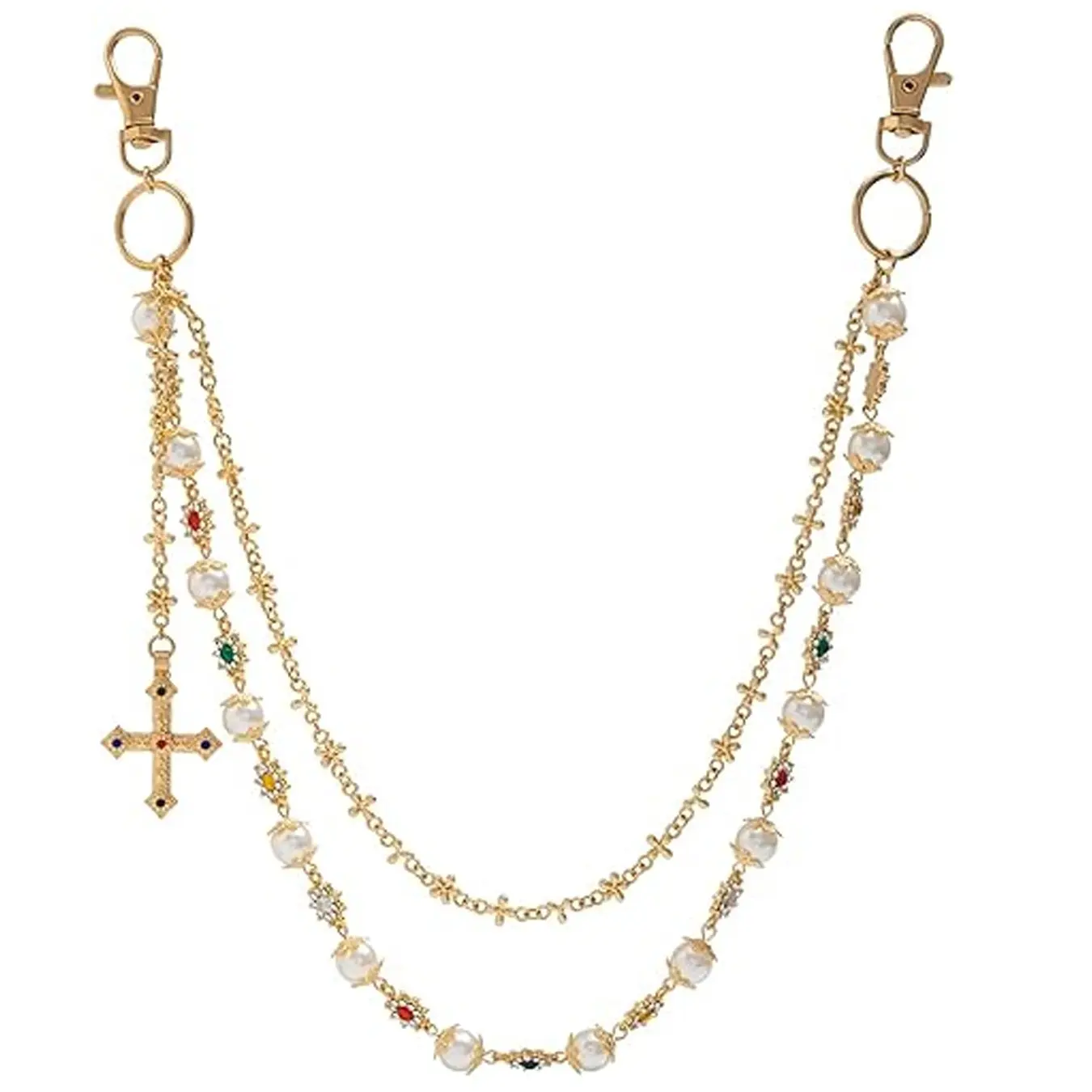 Fashion Layered Wallet Chain, Elegant Rhinestone Flower Pearl Denim Pocket Chain, Unisex Cute Bag Charm Accessory
