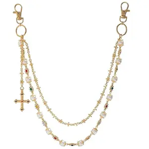 Fashion Layered Wallet Chain, Elegant Rhinestone Flower Pearl Denim Pocket Chain, Unisex Cute Bag Charm Accessory
