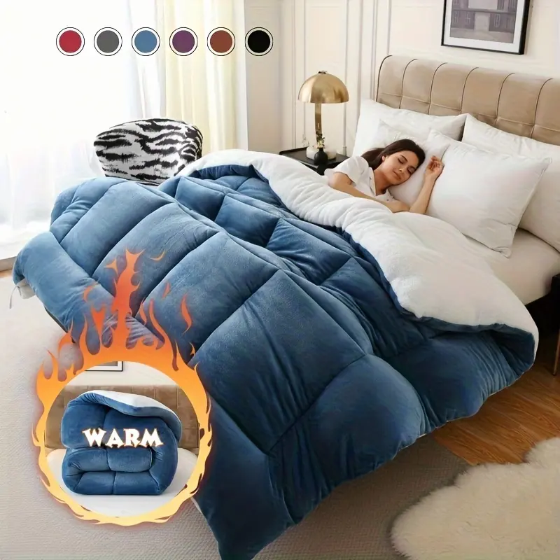 1pc Thick Soft Comforter Plush Flannel Sherpa Comforter, 600G Filling Ultra Breathable All Season Comforter Double-Sided, Box Stitch Solid Color Comforter For Bedroom, Warm For Autumn And Winter Comforter, Gift, Home Deco