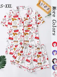 Women's All Over Print Button Front Shirt & Shorts Pyjama Set, Comfort Two-piece Pj Set for Homewear, Sleepwear Pajamas Set, Women's Sleepwear for All Seasons