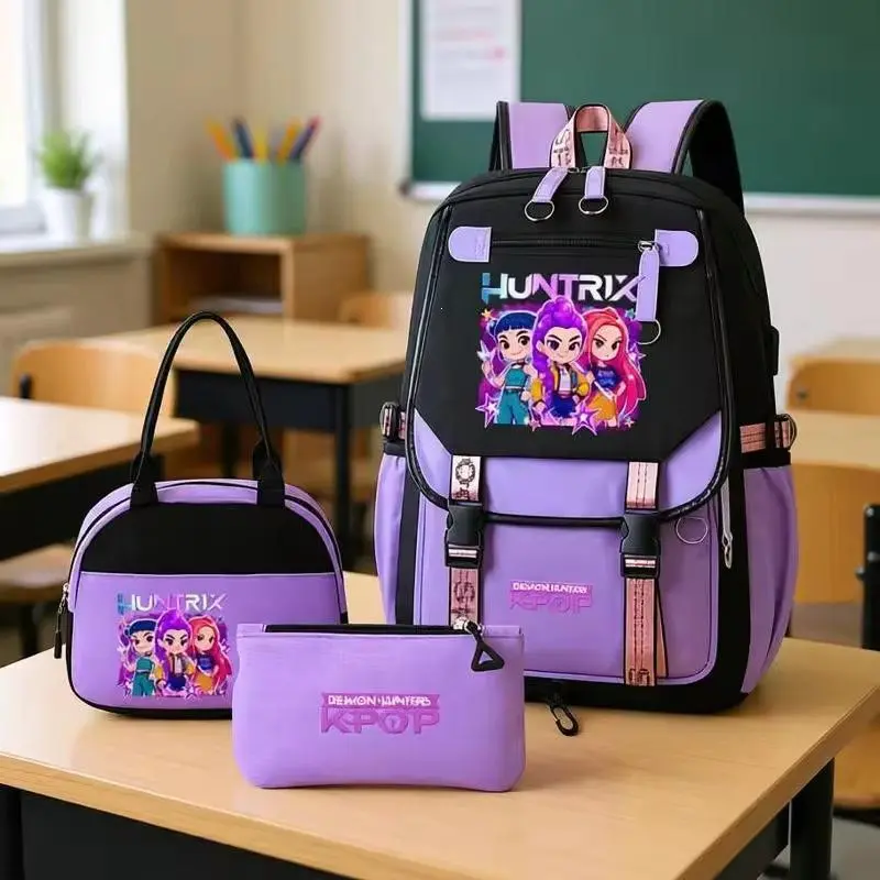 Girl Group 3PCS Backpack Set, Black Purple Contrast USB Charging School Bag + Lunch Tote + Pencil Case, Kpop Fan Gift Set for Girls