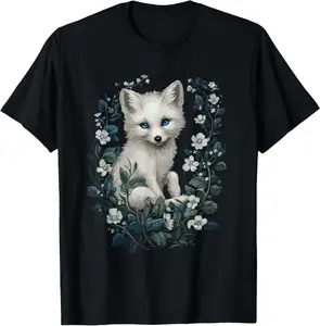 Casual Cotton shortsleeve tees Arctic Fox Surrounded By Delicate Flowers T-Shirt