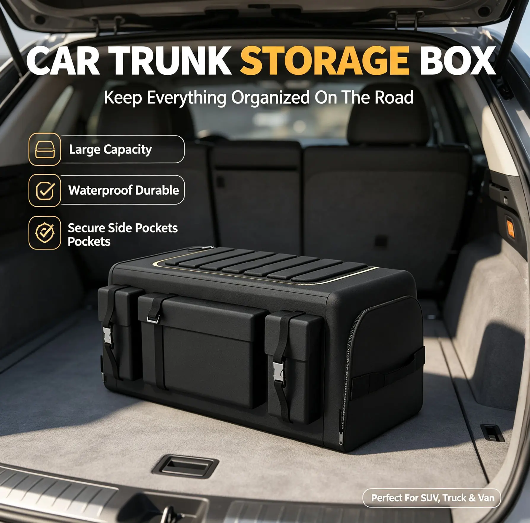 Car Boot Storage Organizer - 1680D Oxford Fabric, Waterproof, Foldable, Multi-Pocket, Portable Cargo Box for Organizing Items in Cars, SUVs, Trucks, Organize Items
