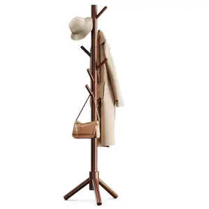 Sturdy Wooden Coat Tree with 8 Hooks, 3 Adjustable Sizes for Clothes, Hat Stand Used in Bedroom/Office/Entryway, Brown