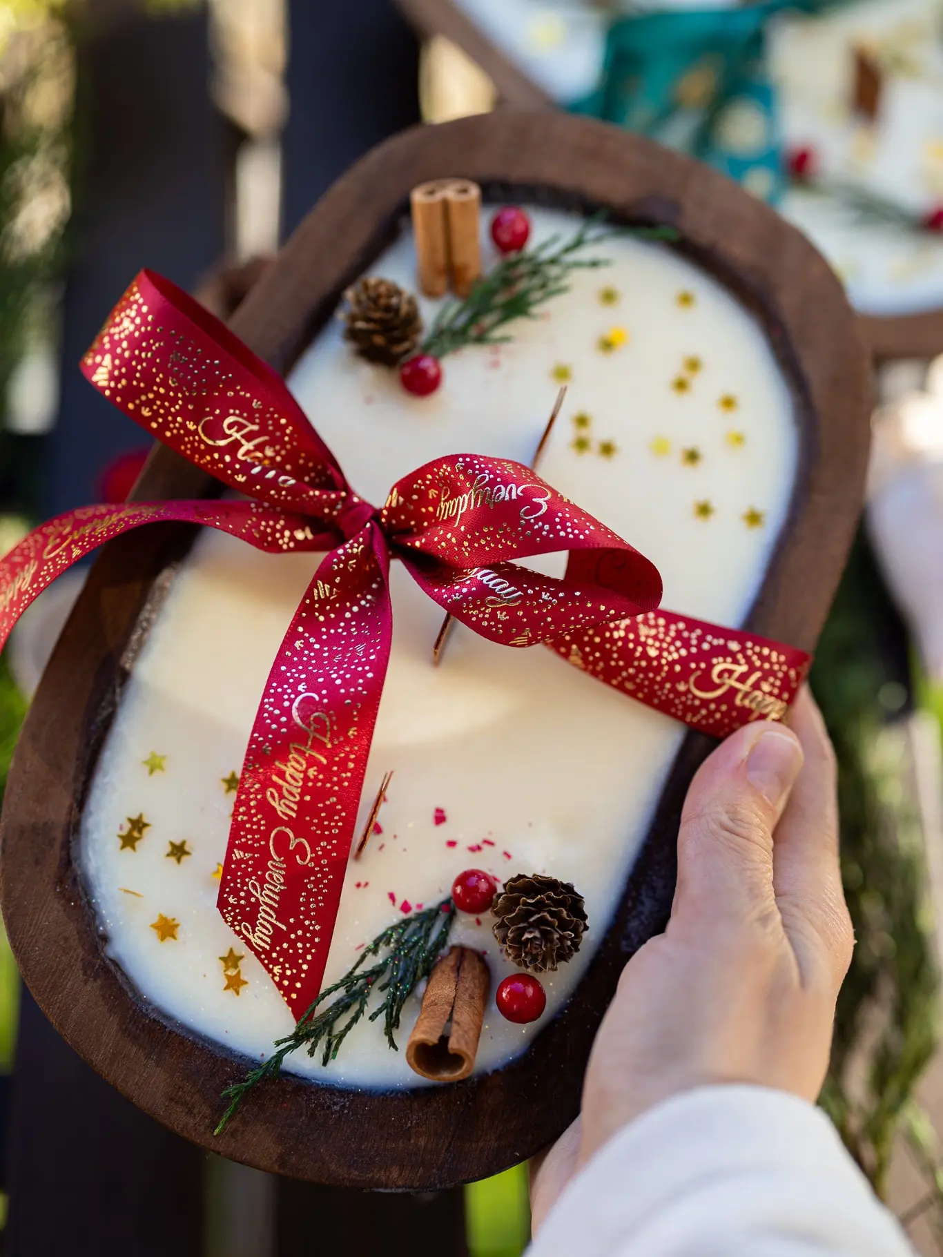 Handcrafted Christmas Wooden Dough Bowl Candle | Natural Soy Wax | Farmhouse Holiday Decor | Christmas Gift