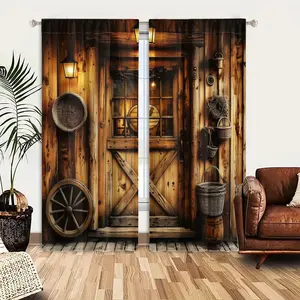 2pcs Window Curtains, A rustic wooden cabin entrance, illuminated by lanterns. It features a door with a window, woven baskets, and a large wagon wheel decor.Window Drapes for Bedroom Living Room, Rod Pocket Window Treatment, Home Decoration Curtain