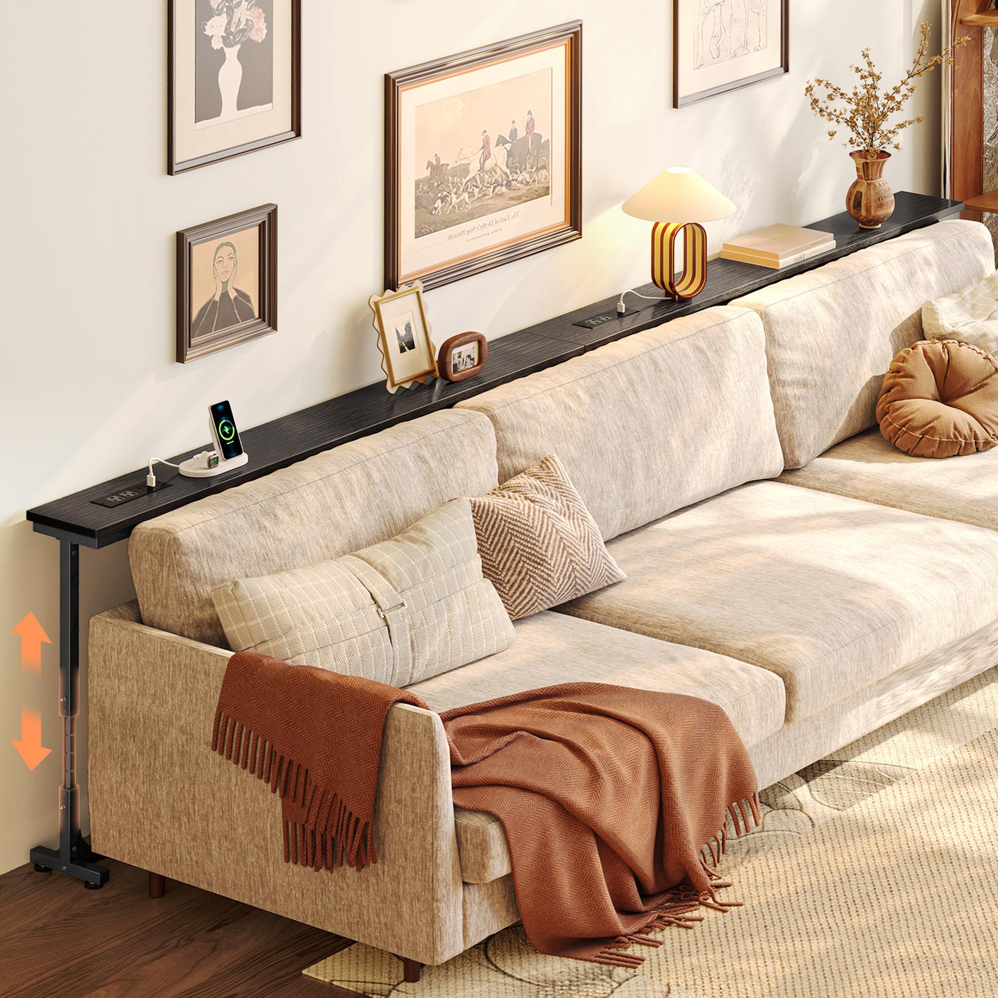 Huuger 78.7/39.4/51.2/102.4/110.2 Inch Behind Couch Table with Power Outlets, 23.9’’-34.4’’ Height Adjustable Range, Sofa Tables Narrow Long with USB-C Ports, Skinny Console Table