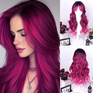 Glueless Synthetic Wig Ombré Magenta Body Wave Heat Resistant Breathable Mesh Cap For Women Party Look