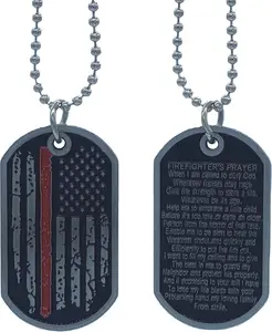 Red line American Flag Design Firefighter Fireman Prayer Antique Silver Dog Tag Necklace