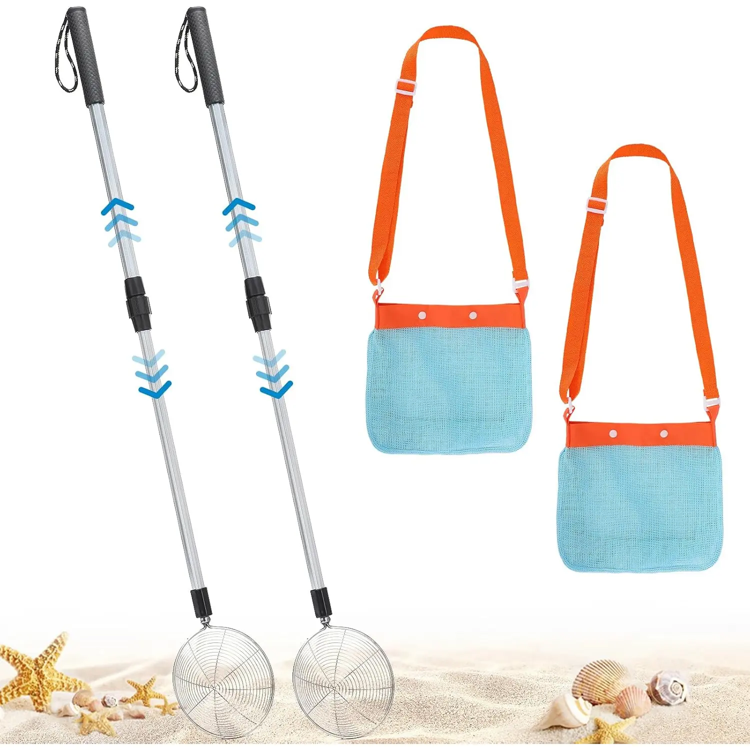 2 Pack 21.6"~33" Adjustable Sand Sifter with Seashell Bags for Adults Kids