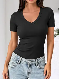 Ruched V-Neck T-Shirt, Elegant Fitted Design, Solid Pattern, All Seasons Wear, Without Collar, No Button, No Zipper