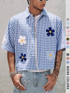 men's floral embroidery short sleeve shirt, regular fit casual street retro gingham graphic button front top for summer, men's clothes for daily wear, casual fashion top, casual style graphic top