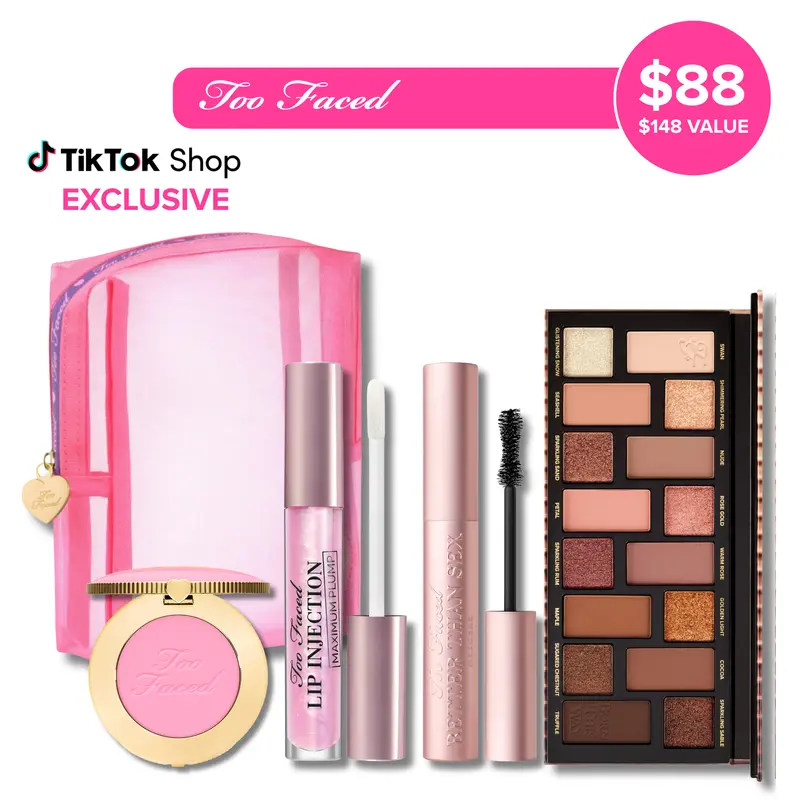 Too Faced Icons Set - Better Than Mascara, Lip Injection Maximum Plump Lip Plumper Gloss, Born This Way The Natural Nudes Eye Shadow Palette, Cloud Crush Blush Candy Clouds, Better Than Chocolate Eye Shadow Palette