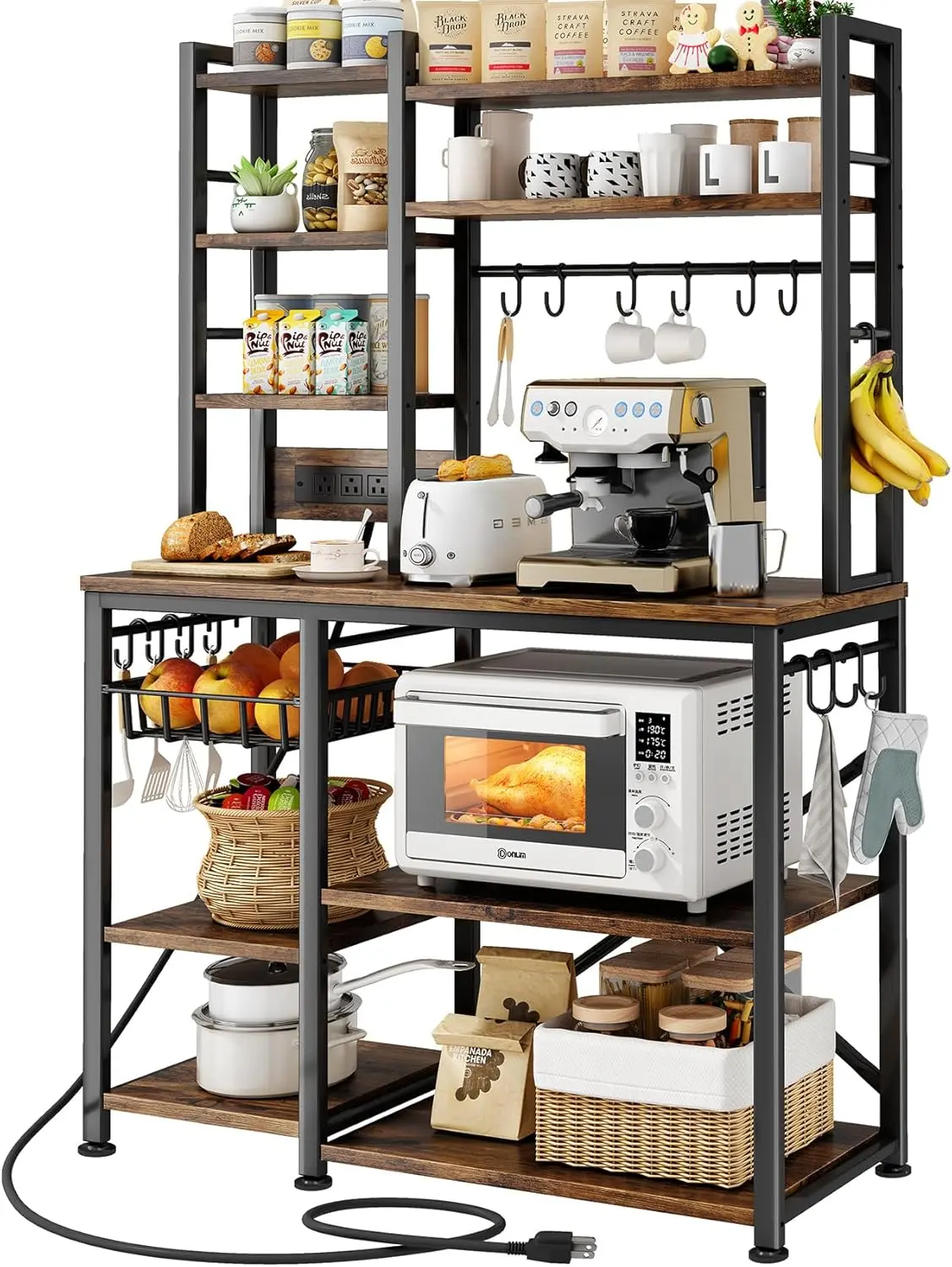 Heavy Duty Rustic Brown Baker's Rack with Power Outlet - Sturdy Space-Saving Microwave Stand, Synthetic Metal Kitchen Shelf, 14 Hook Hangers for Spices/Pots, Anti-Tip Base, Easy Maintenance Indoor Furniture, 366 lbs Capacity, Assembly Required, Easy Setup