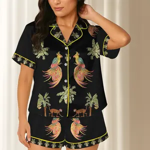 Women’s Coconut Tree Peacock Monkey Plant Short Sleeve Satin Pajama Set, Tropical Peacock Monkey Short Satin Pajama Set for Women, Coconut Tree Plant Print Sleepwear, Silky Button Up Pajama Shorts, Summer Lounge, Gift for her