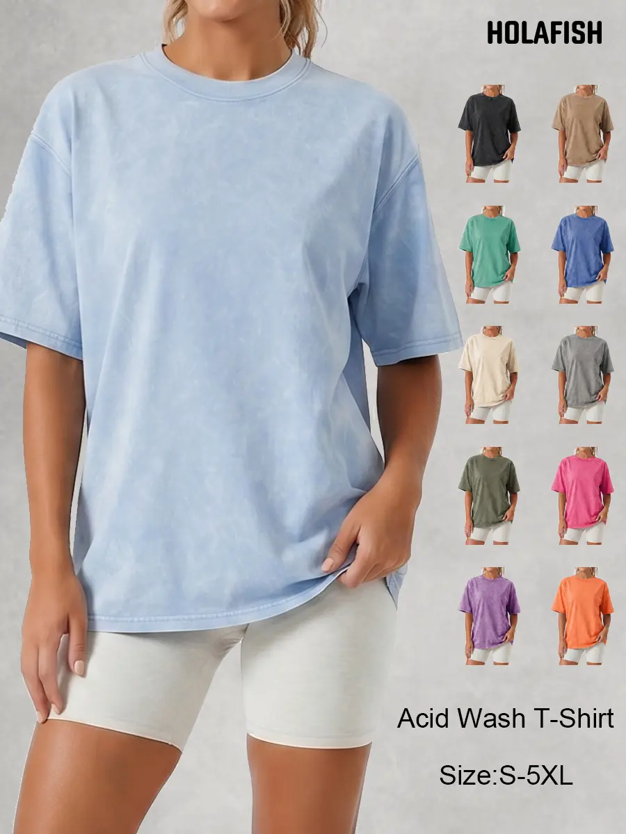 Holafish 1/2 Pack Acid Washed Vintage Basic Tshirt Unisex Straight Easy Fit Cotton Shirt For Summer 2026 Daily Hangout Vacation Comfort Tee