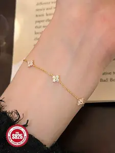 S925 Sterling Silver Elegant Daisy Flower Design Bracelet, Pretty Fashionable Adjustable Bracelet for Women & Girls, Trendy All-match & Exquisite Jewelry for Birthday Gift