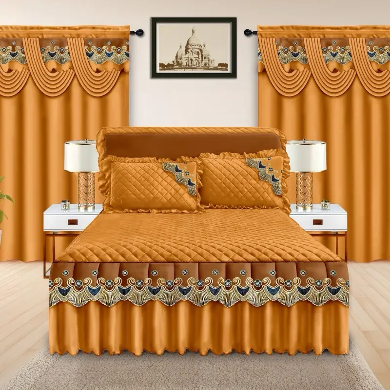 Lilianna Collection 5 pcs Bed Skirt Set - King Size with Lace Pillow Cases & Valance Solid Curtains - Orange