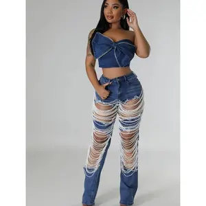 1pc Vintage Style Women's Straight Leg Jeans, Mid-Waist Ripped Denim with Pearl Chain Detail, 65% Cotton 33% Polyester 2% Elastane, Medium Stretch Solid Color for Spring/Fall Minimalist Short Basic Comfort Womenswear Bottoms Pants Trouser