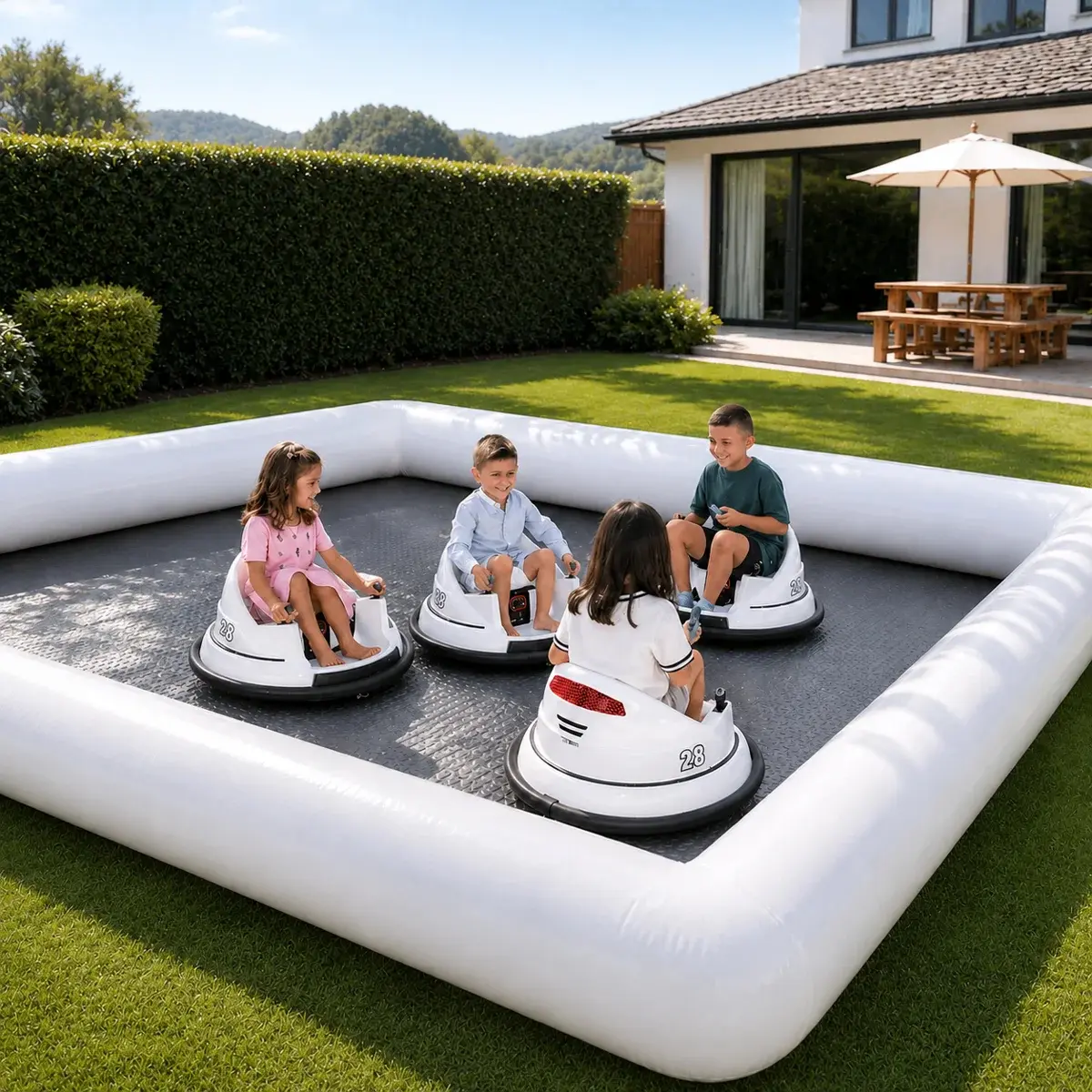 13' x 13' white Inflatable Bumper Car Racing Track for Kids, Party Decorations PVC Backyard Racing Arena with Air Pump, Track Only, Cars Not Included