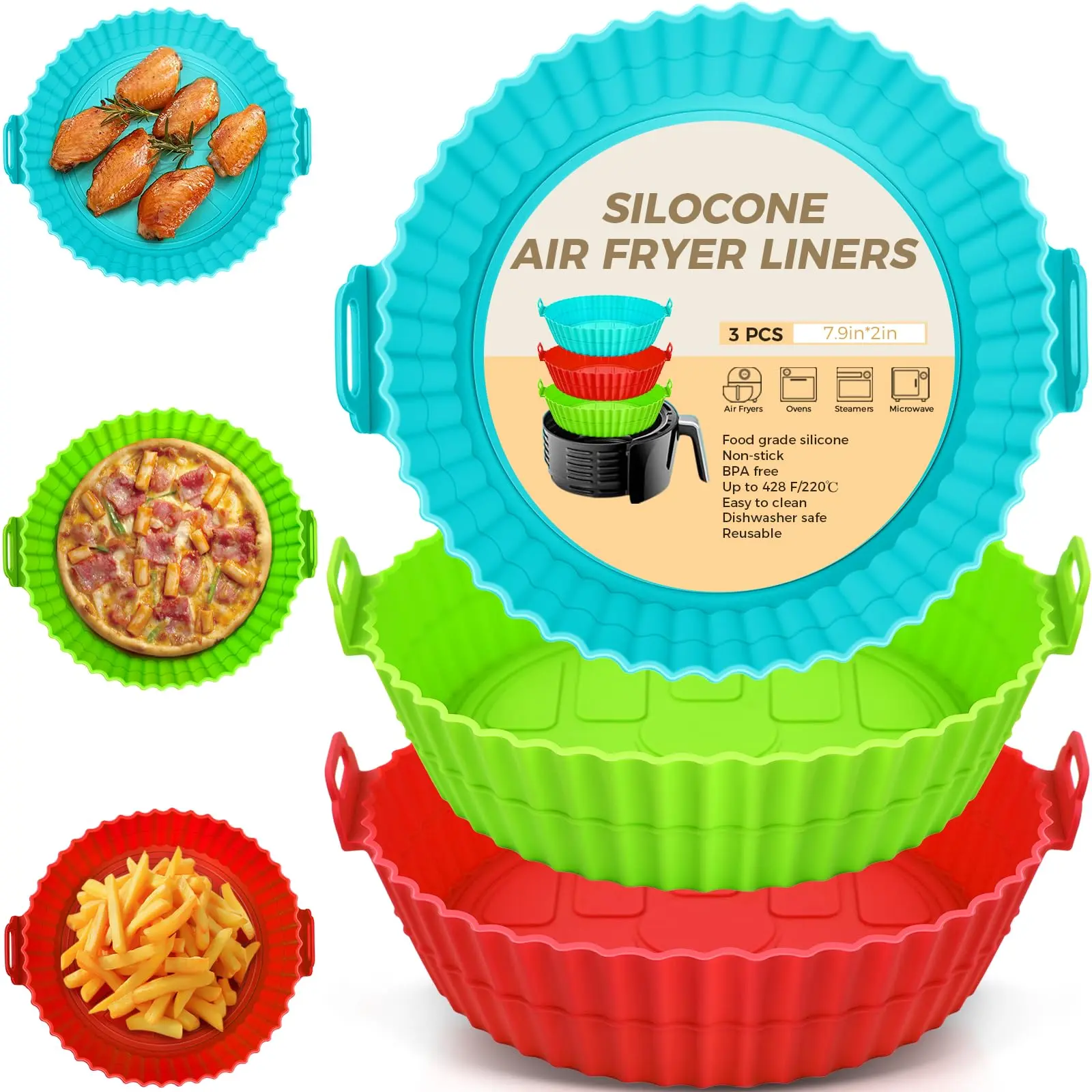 3 Pack Air Fryer Silicone Liners 8inch Air Fryer Silicone Pot Reusable Food Grade Silicone Airfryer Liners Baking Tray Basket Accessories Replacement of Flammable Disposable Parchment Paper Fit 3-7QT