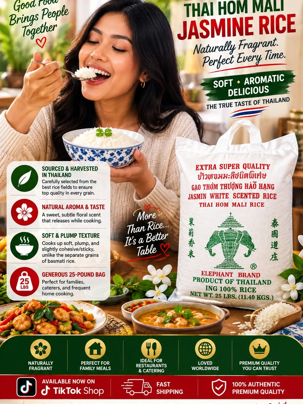 Elephant Brand Aromatic Jasmine Pure Rice, Extra Super Quality, 25 lbs Bag