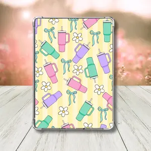 ​Tumbler Cup Kindle Insert - Pastel Pink Purple Teal Water Bottle E-Reader Decor - Bookish Gift for Her - Whimsical Bow and Flower Pattern - Kindle Paperwhite & Basic Clear Case Insert - Trending Girly Art for Device Cases Universal