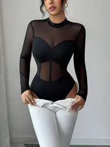 New Women's Stand Collar Mesh Patchwork Knit Fabric Long Sleeve Vacation Party Date Sexy Elegant One-Piece Jumpsuit Bodysuit