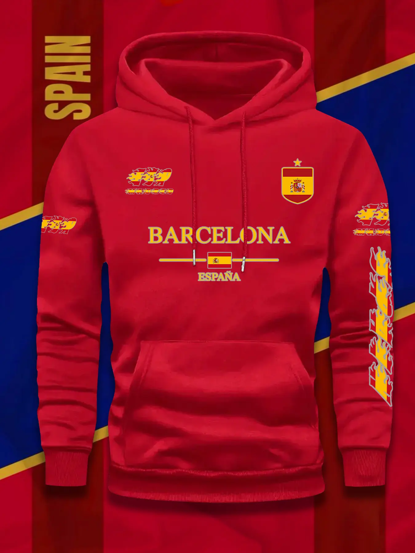 Men's Barcelona Logo & Spanish Flag Hoodie, Catalonia Badge Fanwear, Football Jersey Style, Winter Warmth, Sporty Casual Wear