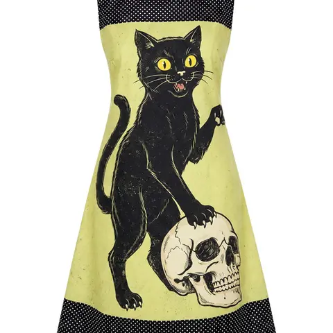 RETRO STAGE Women's Fashion 1960s Yellow Cat Skull Gothic Sleeveless A-Line Polyester Sundress - Above Knee, S/M Sizes, Back Zip, Cold Wash, Do Not Bleach, Back to School, Fall Style, Women's Casual Dresses, A Line Sundress
