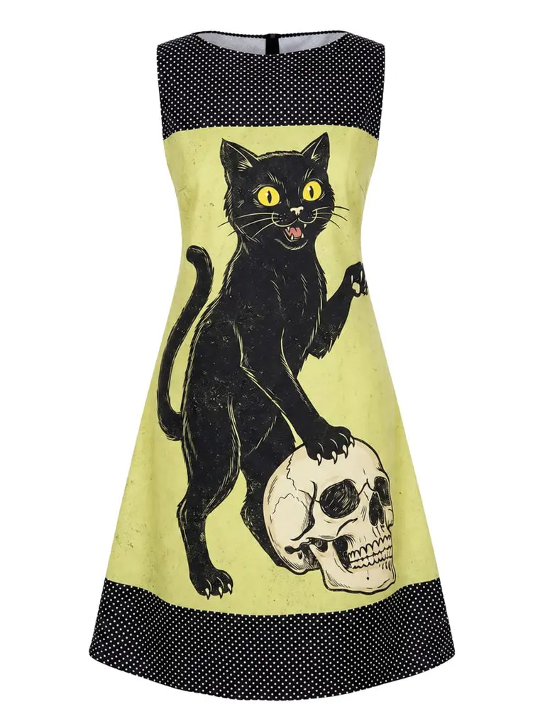 Yellow 1960s Cat Skull Gothic Sleeveless A-Line Dress BackToSchool Sohochic Fall Dresses Fall outfits Fall fashion Yellow 1960s Cat Skull Gothic Sleeveless A-Line Dress BackToSchool Sohochic Fall Dresses Fall outfits Fall fashion