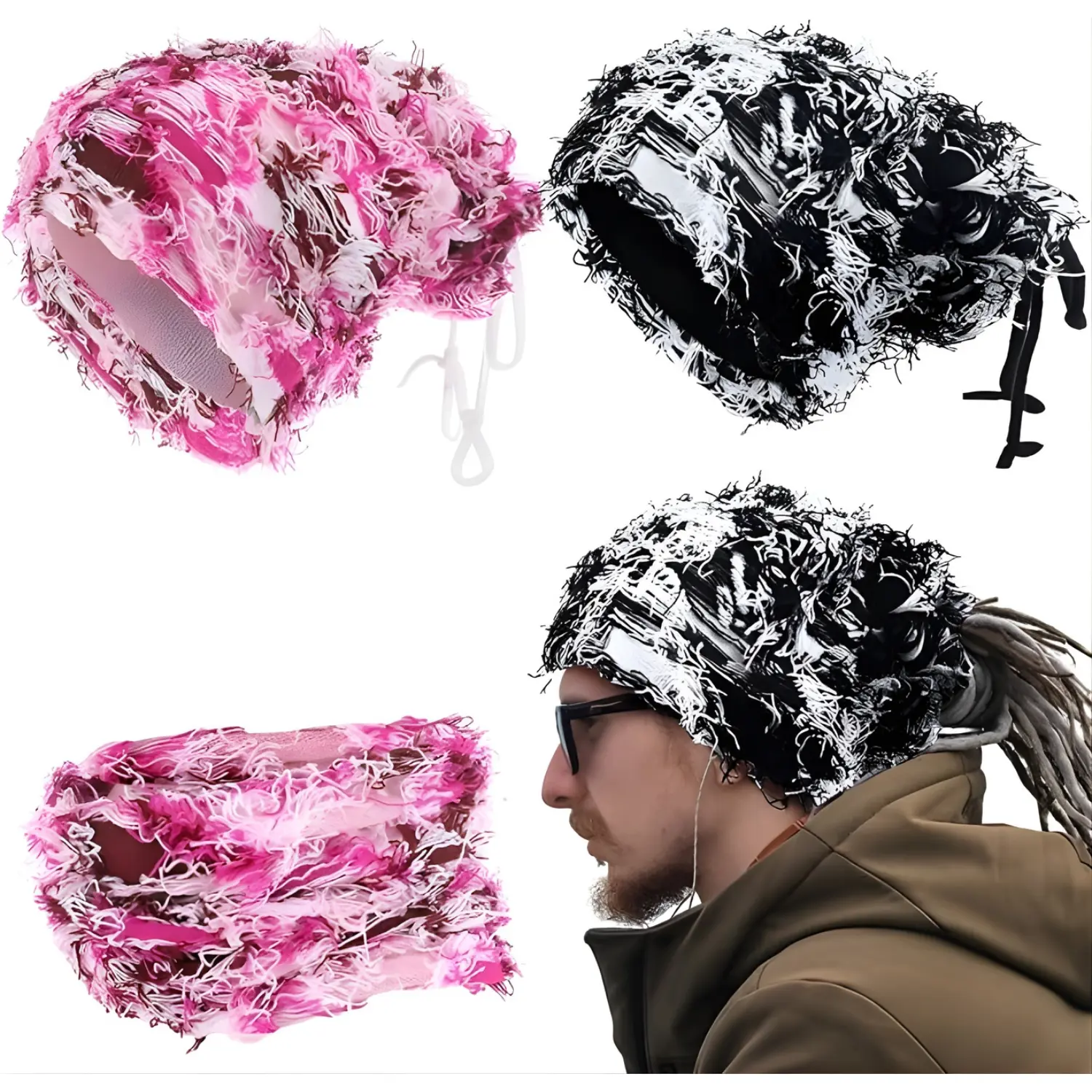 2 Pack Unisex Distressed Dreadlock Beanie Hat Rasta Cap Winter Open Back Turban Dread Hair Wraps for Men and Women