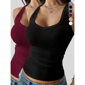 Women’s Solid Ribbed Tank Top, Casual Fitted Sleeveless Top for Summer, Ladies’ Clothing for Everyday Wear