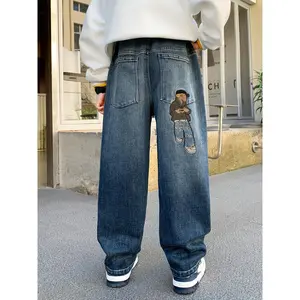 Trendy Loose Straight Jeans for Boys, a Fashionable Item in Clothing, on Boys' Apparel, Featuring Large Pockets And Embroidered Decorations, Perfect for Back-To-School Outfits, Weekend Outings, Daily School Wear, Casual Gatherings, And Street Style