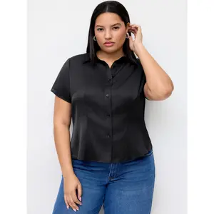 Cider Satin Collar Short Sleeve Shirt Curve & Plus Dealsforyou