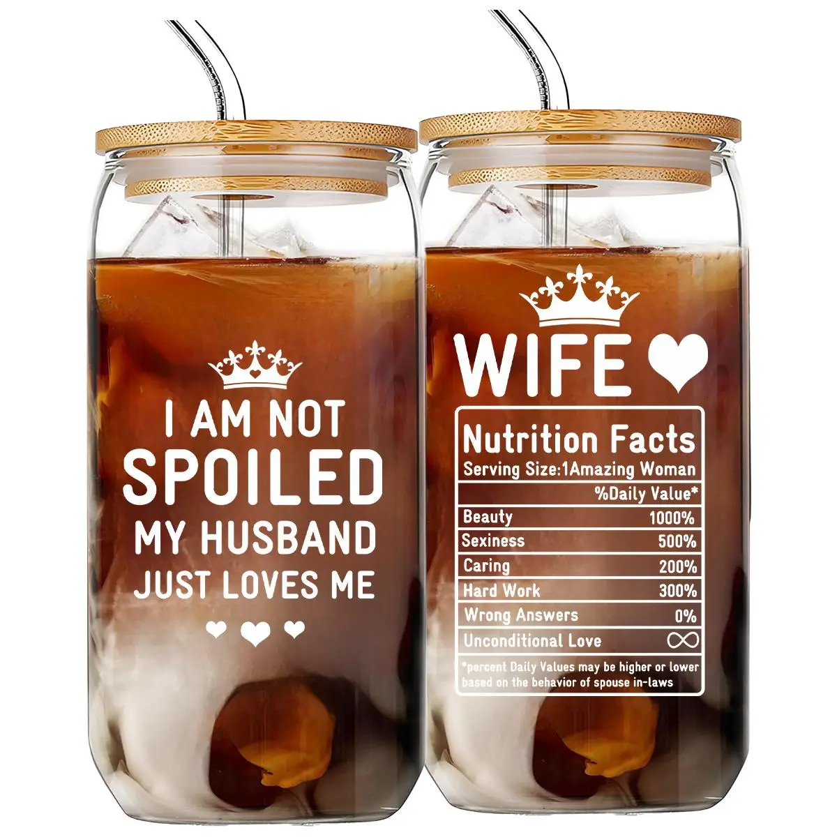 16oz Glass Cup with Straw & Brush, 1 Count Letter Pattern Glass Cup, Creative Gift for Wife, Birthday Gift, Romantic Gift for Wife