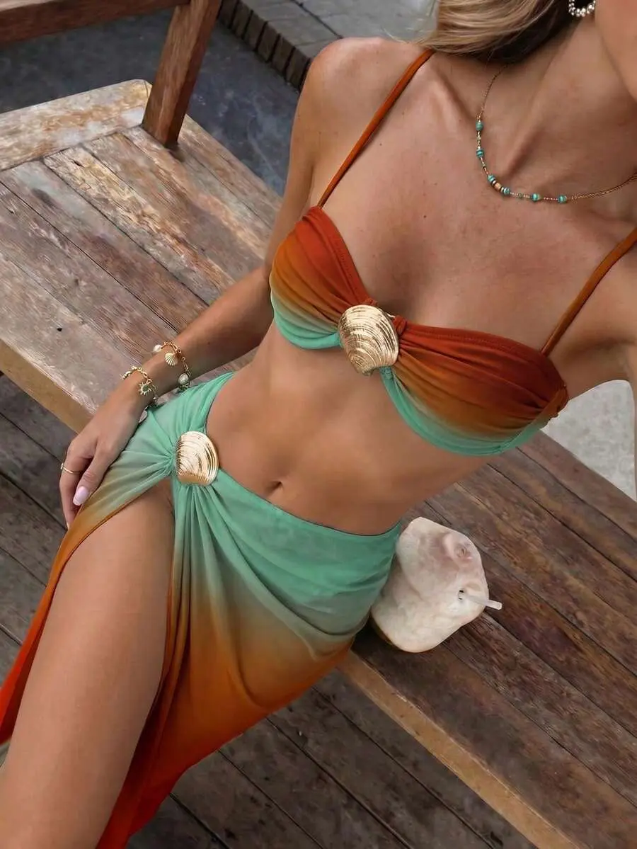 Bikinx 3pcs Sunset Ombre Shell Decor Bikini Set With Mesh Cover Up Skirt, Ruched Burnt Orange & Teal Gradient High Cut Swimsuit For Women, Summer Beachwear
