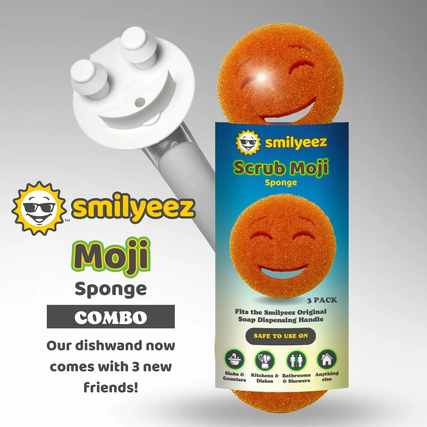 The Original Smiling Handle with Soap Dispensing & 3 Orange Scrub Moji Sponges - Combo