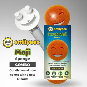 The Original Smiling Handle with Soap Dispensing & 3 Orange Scrub Moji Sponges - Combo
