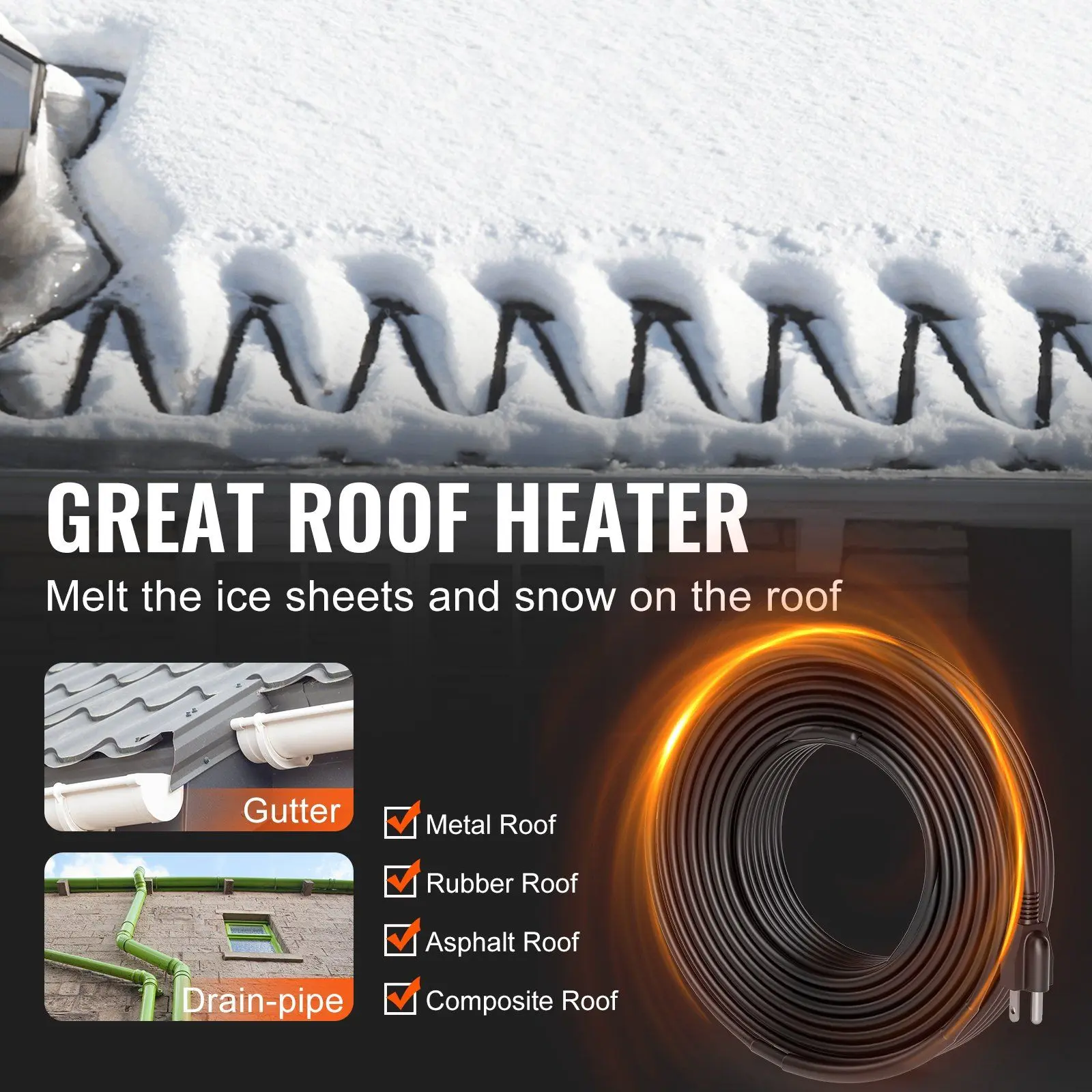 VEVOR Self-Regulating Pipe Heating Cable 100FT 5W/FT Heat Tape for ...