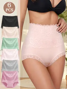 QUASTI 6 Piece Women's High Elasticity Briefs, Cotton Comfortable & Breathable Underwear, Hip Lifting Underwear Lace Style Fashionable Design, Suitable For Women's Daily Life