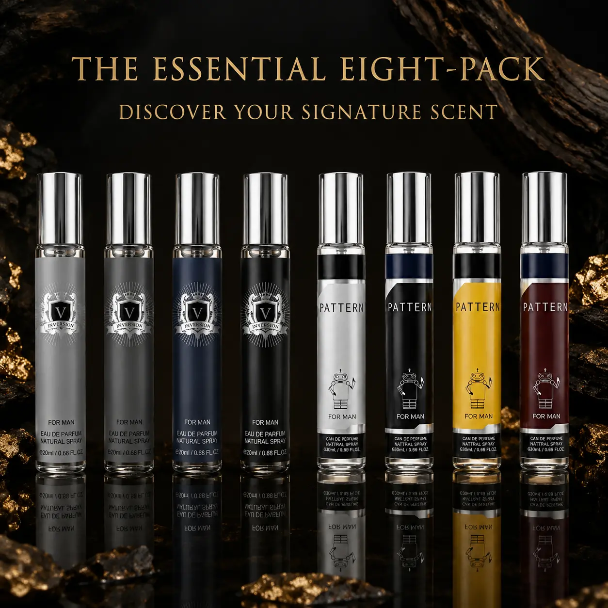 MYSTICAL Essential 8-Piece Men's Cologne Gift Set | Long-Lasting EDP Spray Variety Pack | Portable Pocket Travel Size Fragrance Sampler for Gym, Work & Date Night (8x 20ml)