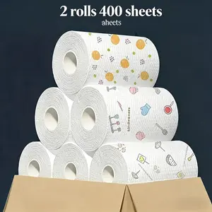 Disposable multifunctional cleaning paper towels, 2 rolls per set / 400 sheets. Strong water and oil absorption cleaning paper, multifunctional cleaning paper. Nature