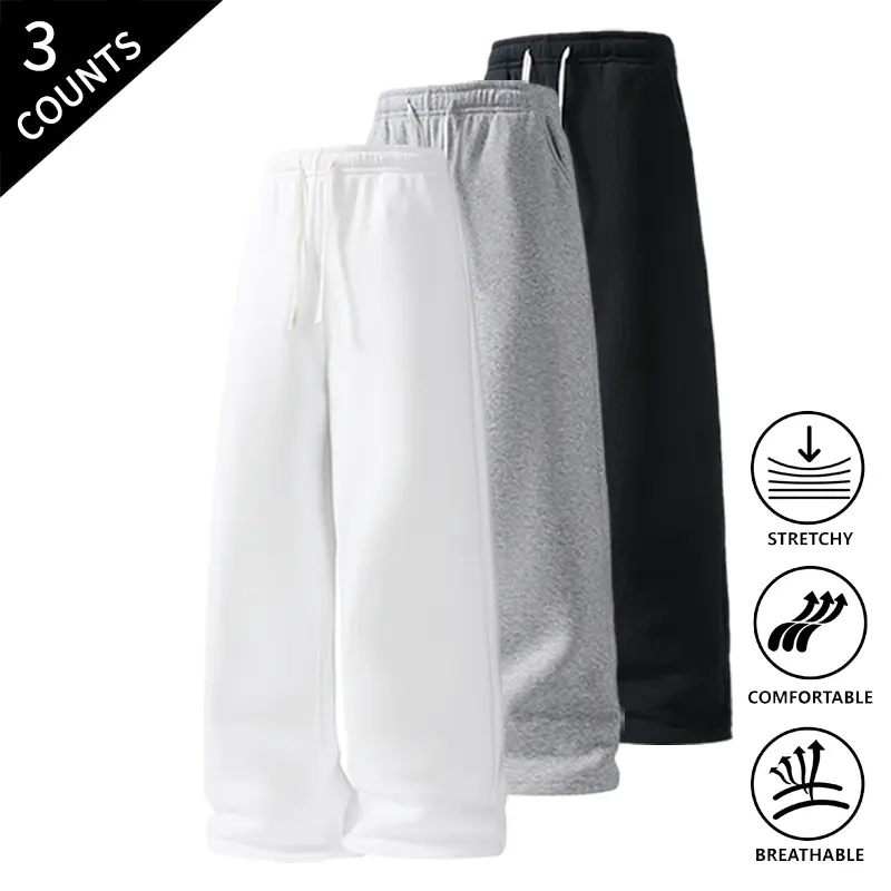3-Pack Men’s Stretch, Breathable Straight-Leg Sweatpants, Elastic Drawstring Waist, Comfortable Casual Loose-Fit Pants for Gym, Jogging, and Street Style